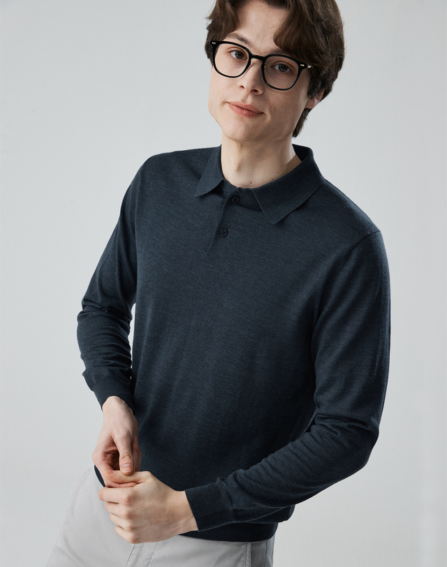 캐시미어하우스 [Murray Allan]베이직 셔츠카라 롱 슬리브 풀오버 Basic shirts collar pullover_Dark Green(KG) 착용컷