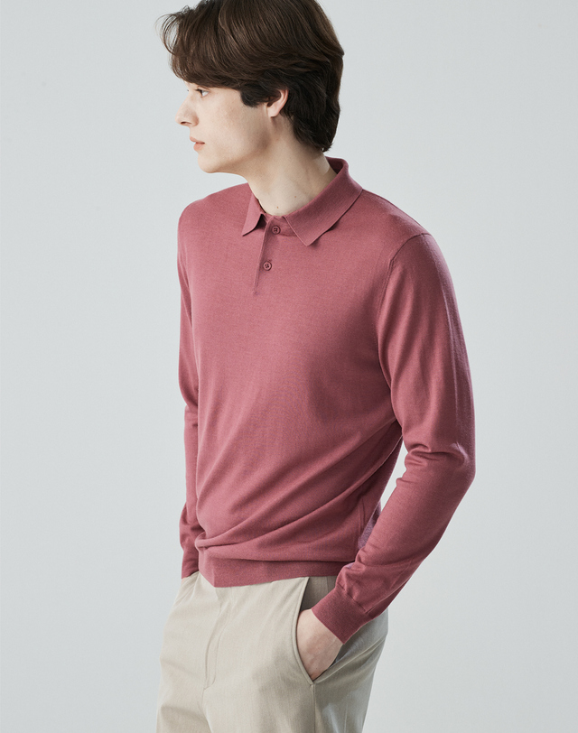 캐시미어하우스 [Murray Allan]베이직 셔츠카라 롱 슬리브 풀오버 Basic shirts collar pullover_Red bee(RE) 착용컷