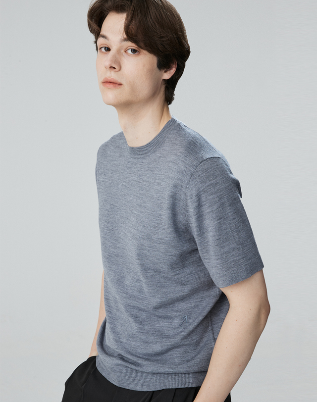 캐시미어하우스 [Murray Allan] 라운드넥 하프슬리브 풀오버 Round half sleeve pullover(Grey) 착용컷
