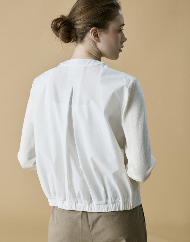 캐시미어하우스 [Cashmere Class]우븐 & 니트 소재 믹스매치 라운드 자켓 Short compact round jacket(Whie) 착용컷