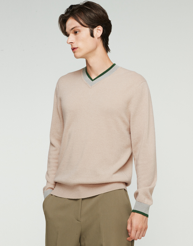 캐시미어하우스 [Murray Allan] 100%캐시미어 브이넥 컬러 블록 캐시미어 풀오버 V-neck Color Block Pullover_Skin Beige(SB) 착용컷