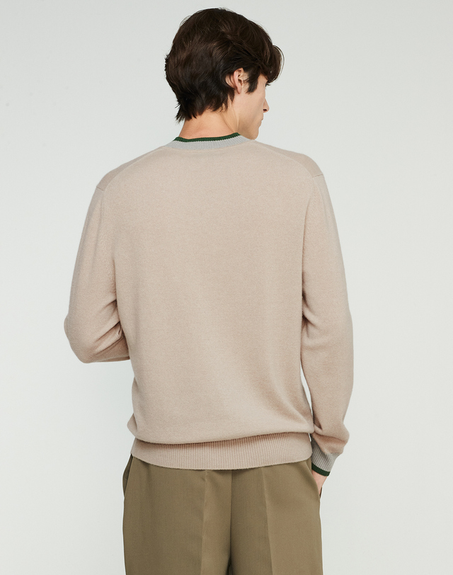 캐시미어하우스 [Murray Allan] 100%캐시미어 브이넥 컬러 블록 캐시미어 풀오버 V-neck Color Block Pullover_Skin Beige(SB) 착용컷