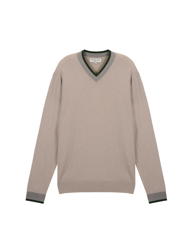 캐시미어하우스 [Murray Allan] 100%캐시미어 브이넥 컬러 블록 캐시미어 풀오버 V-neck Color Block Pullover_Skin Beige(SB) 착용컷