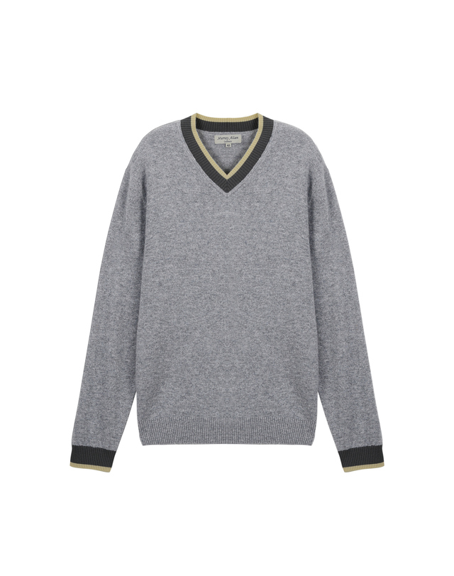 캐시미어하우스 [Murray Allan] 100%캐시미어 브이넥 컬러 블록 캐시미어 풀오버 V-neck Color Block Pullover_Melange Grey(MG) 착용컷