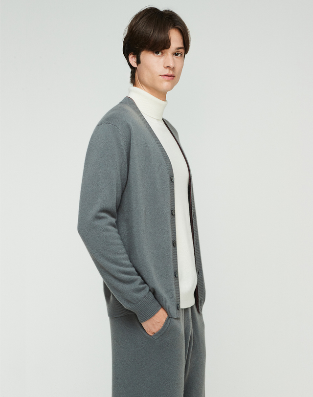 캐시미어하우스 [Murray Allan] 100%캐시미어 더블 레이어 캐시미어 가디건 Double layer Rib Cardigan_Stone(ST) 착용컷