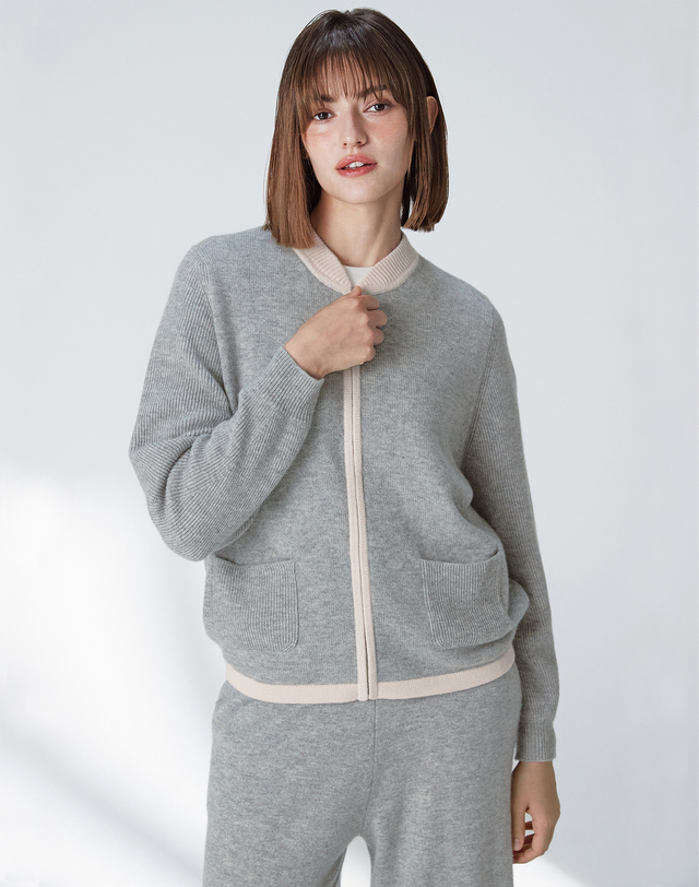캐시미어하우스 [Cashmere Class] 100%캐시미어 쁘띠 범버 카라 자켓 petit bomber jacket_Cloud(CD) 착용컷