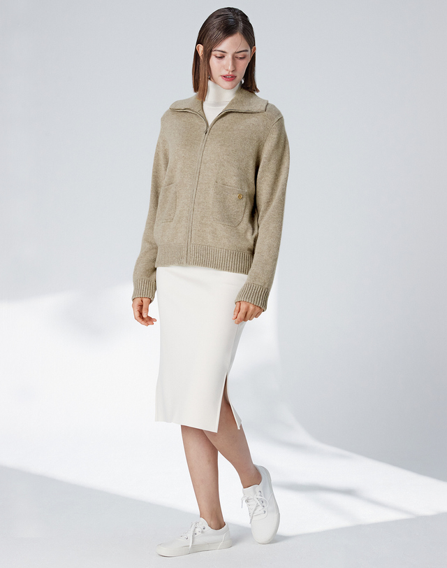 캐시미어하우스 [Cashmere Class] 100%캐시미어 카라 집업 캐시미어 자켓_Cappuccino 착용컷