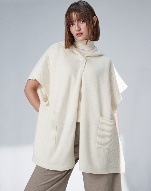 캐시미어하우스 [Cashmere Class] 100%캐시미어 자카드 후드 판초 Jacquard Hoody Pancho_Cream(CE) 착용컷