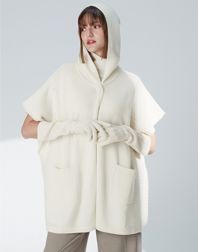 캐시미어하우스 [Cashmere Class] 100%캐시미어 자카드 후드 판초 Jacquard Hoody Pancho_Cream(CE) 착용컷