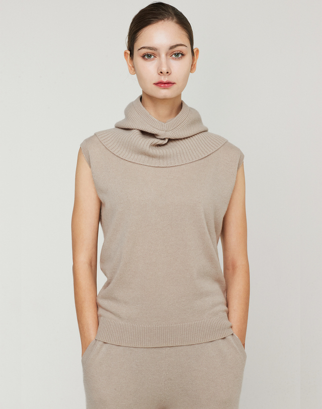 캐시미어하우스 [Murray allan] 100%캐시미어 백슬릿 바라클라바 후드 워머 Slit Hoody Warmer_Skin Beige 착용컷