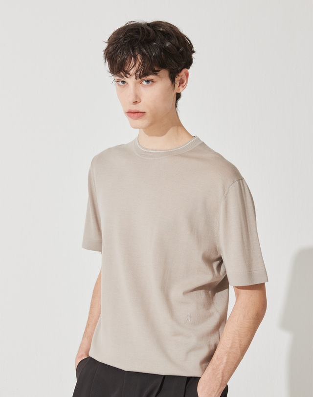 캐시미어하우스 [Murray Allan]Line Round Collar Half Sleeve Pullover_Mud M42MPU001MD 착용컷