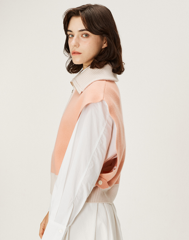 캐시미어하우스 [Murray Allan] 100%캐시미어 Half zip-up open Vest_(PEACH)PC M43WVT018PC 착용컷