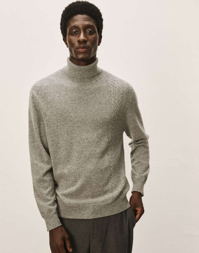 캐시미어하우스 [Murray Allan] 100%캐시미어 Cable block pullover_Melange grey (MG) M43MPU003MG 착용컷