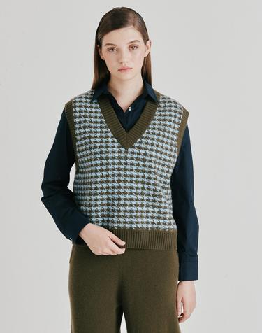 [Murray Allan] 100%캐시미어 Houndtooth check Texture V-vest_ Khaki (KH) M53WVT059KH