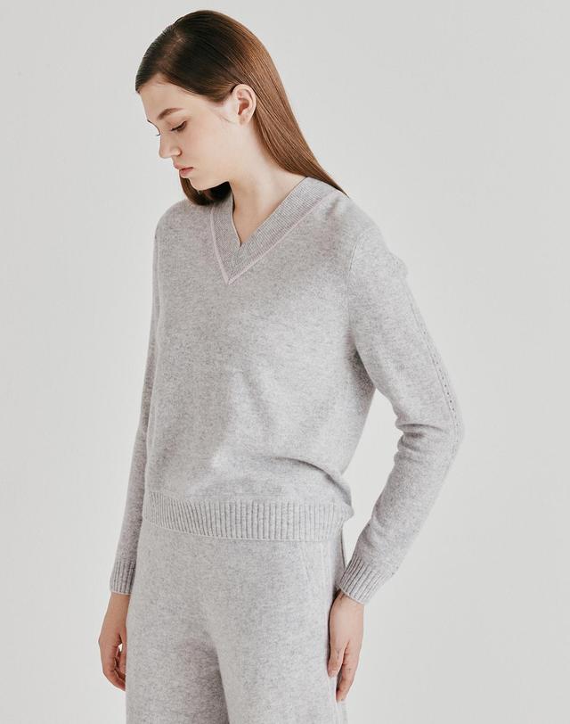 캐시미어하우스 [Murray Allan] 100%캐시미어 V-neck color line pullover_Light grey (LG) M53WPU009LG 착용컷
