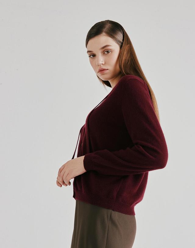 캐시미어하우스 [Cashmere Class] 100%캐시미어 Tie V-neck Cardigan_Cognac (GC) C53WCD009GC 착용컷