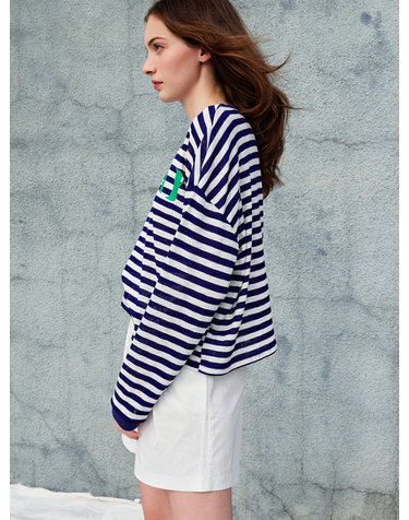 Loose Fit Drop Shoulder Stripe T-shirt_Blue