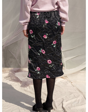 White Natural Flower Satin Skirt_Black