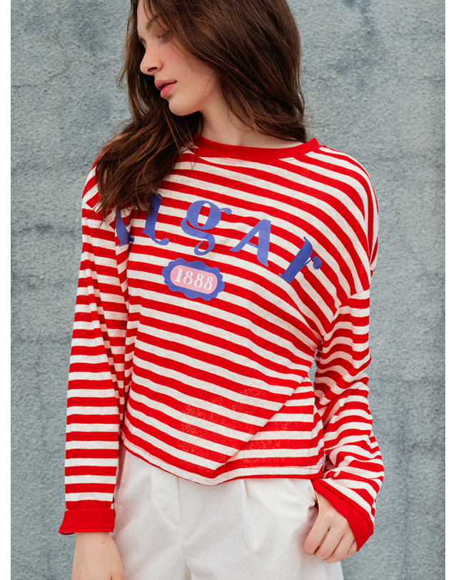 쏘리투머치러브 Loose Fit Drop Shoulder Stripe T-shirt_Red 착용컷