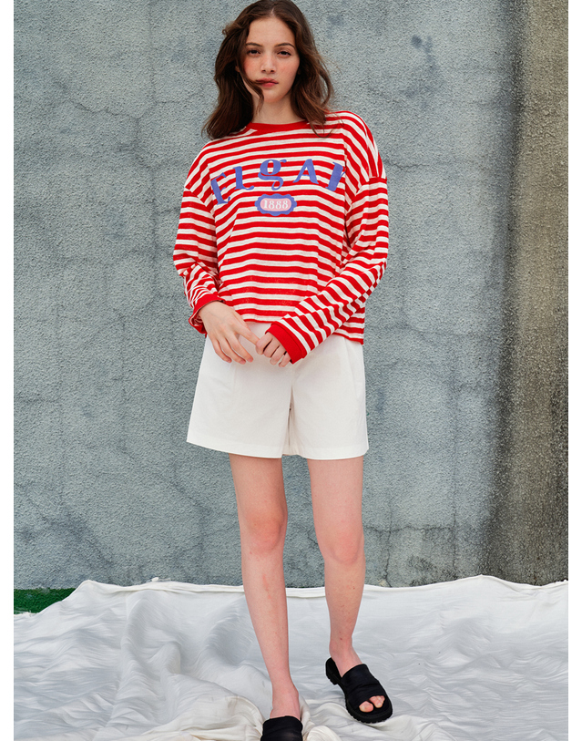 쏘리투머치러브 Loose Fit Drop Shoulder Stripe T-shirt_Red 착용컷