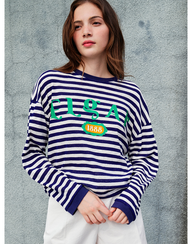 쏘리투머치러브 Loose Fit Drop Shoulder Stripe T-shirt_Blue 착용컷