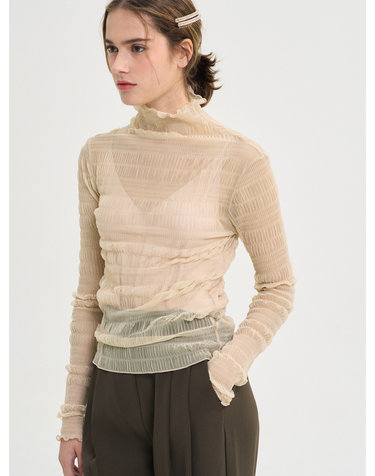 Cien Shirring See Through Turtleneck Top_Beige