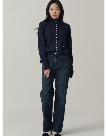 [인플루언서 세영 w/] Button Down Cashmere Turtleneck Knit Sweater_Navy
