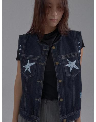 Rock Star Loose Fit Denim Vest_Blue