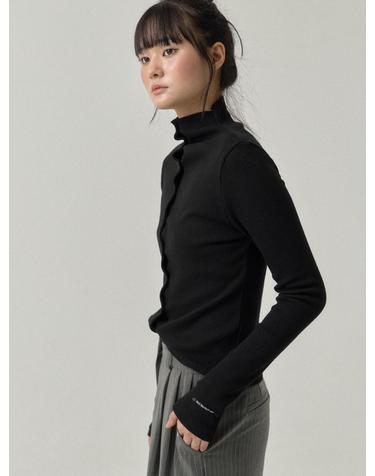 쏘리투머치러브 High Neck Button Down Ribbed Top_Black