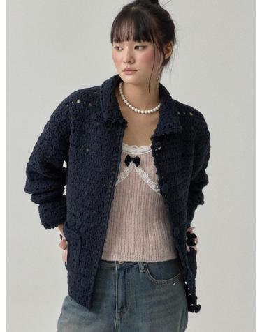 쏘리투머치러브 Soft Memory Ribbon Crochet Cardigan_Navy