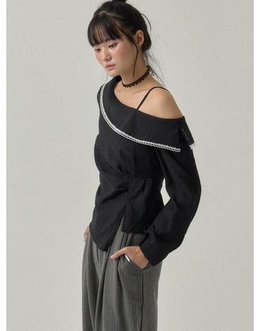 One-Shoulder Off Drape Blouse_Black