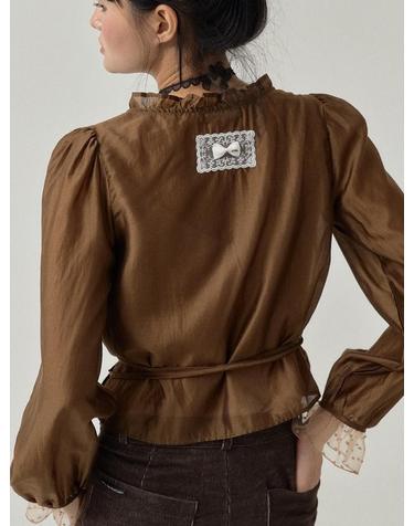 Mocha Shirring Frill Wrap Blouse_Brown