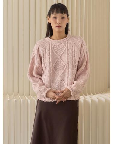 Raglan Cable Wool Knit Pullover_Pink