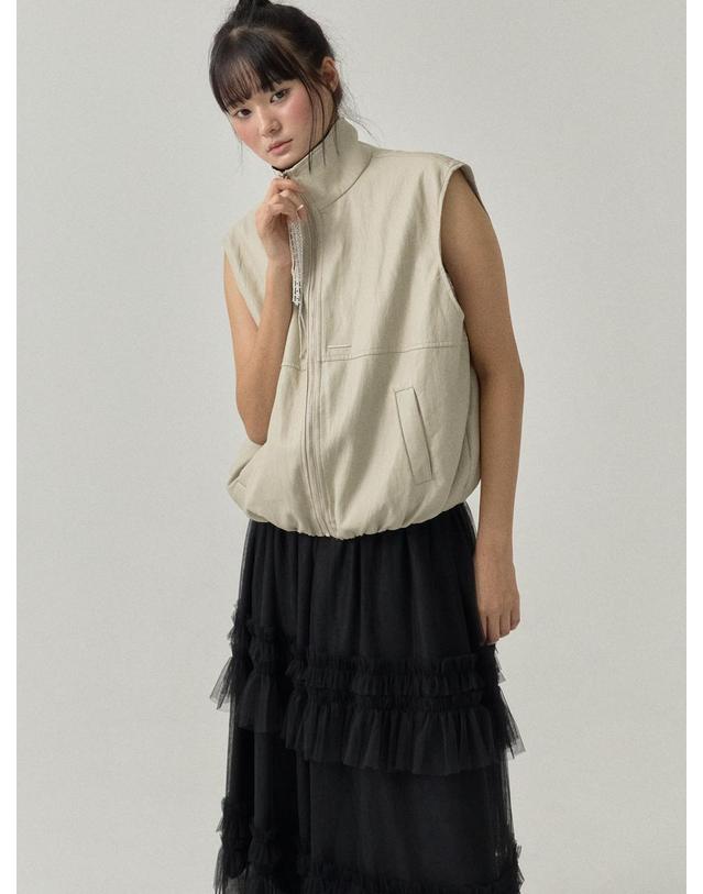 쏘리투머치러브 High Neck Faux Leather Vest with Lace Zip_Cream 착용컷