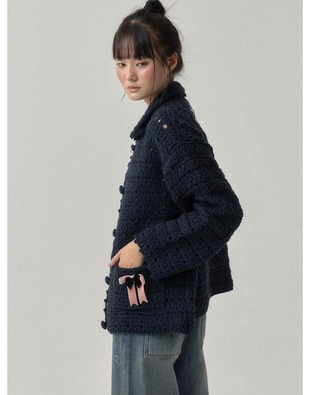 쏘리투머치러브 Soft Memory Ribbon Crochet Cardigan_Navy 착용컷