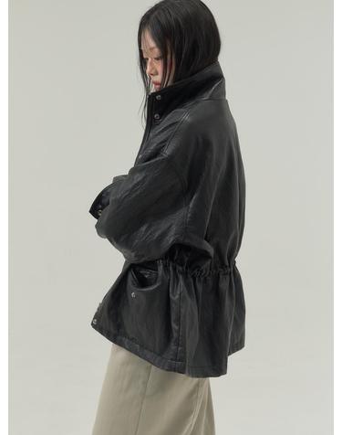 Drawstring Waist Faux Leather Field Jacket_Black