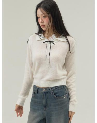 Ribbon Tie Collar Knit Top_Ivory