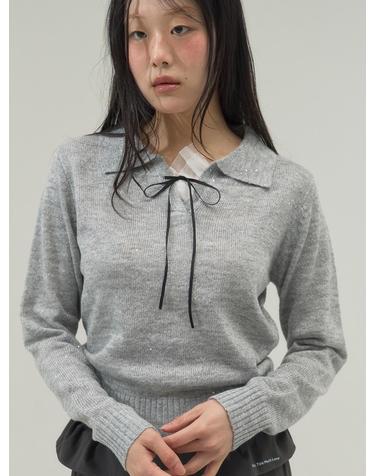 Ribbon Tie Collar Knit Top_Gray