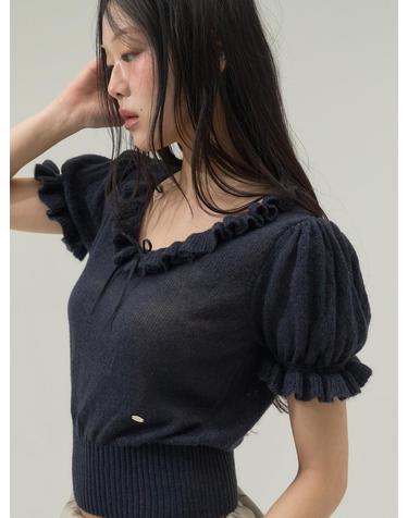 Ruffle Trim Ballet Mood Knit Top_Navy