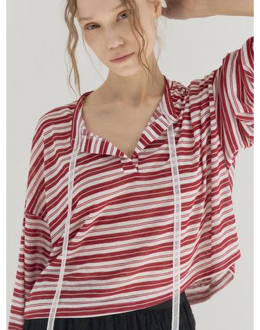Cropped Stripe Loose Fit Collar Top_Red