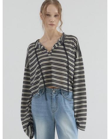 Cropped Stripe Loose Fit Collar Top_Black