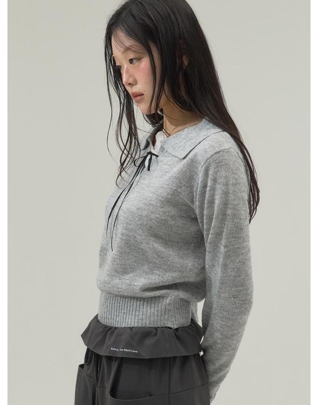 쏘리투머치러브 Ribbon Tie Collar Knit Top_Gray 착용컷