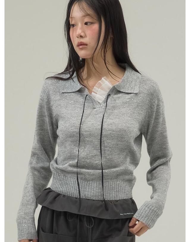 쏘리투머치러브 Ribbon Tie Collar Knit Top_Gray 착용컷