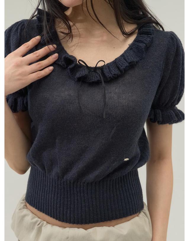 쏘리투머치러브 Ruffle Trim Ballet Mood Knit Top_Navy 착용컷