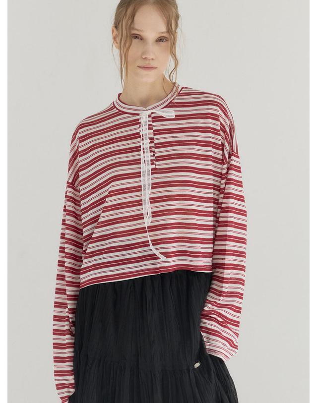 쏘리투머치러브 Cropped Stripe Loose Fit Collar Top_Red 착용컷