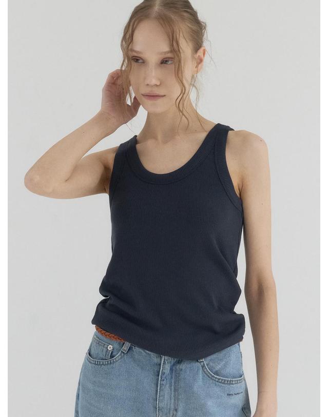 쏘리투머치러브 Ribbon Ribbed U-Neck Tank Top_Navy 착용컷