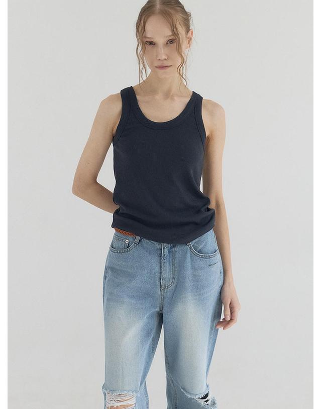 쏘리투머치러브 Ribbon Ribbed U-Neck Tank Top_Navy 착용컷
