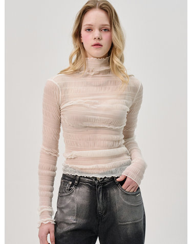 Cien Shirring See Through Turtleneck Top_Ivory