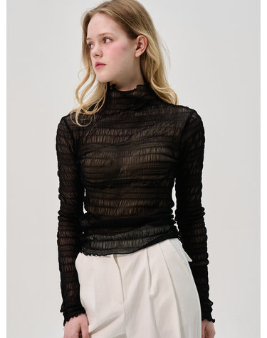 Cien Shirring See Through Turtleneck Top_Black