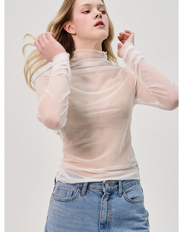 Sleeve Shirring See Through Turtleneck Top_White
